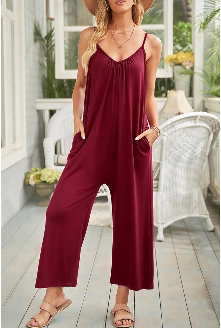 Thumbnail - Azura Exchange Damen Jumpsuit mit weitem Bein und Taschen in Rot