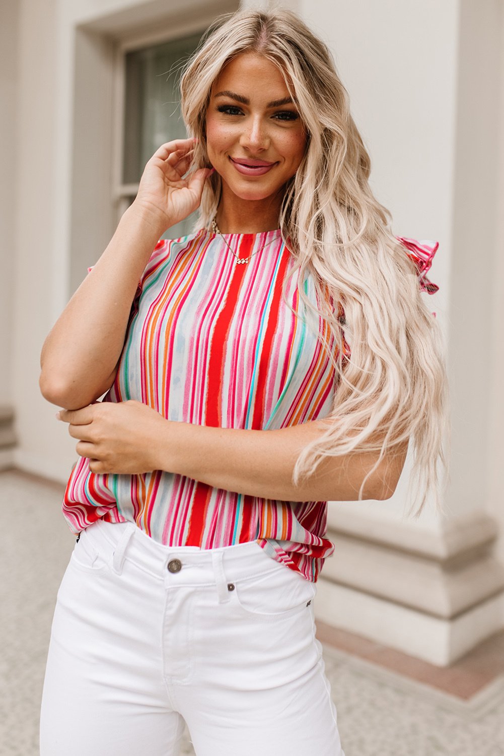 Regenbogenstreifen Flatterärmel Bluse