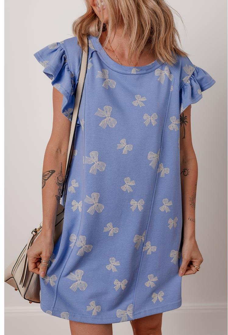 Thumbnail - Himmelblaues Schleifenmuster Rundhals Rüschensleeve Shift Mini-Kleid