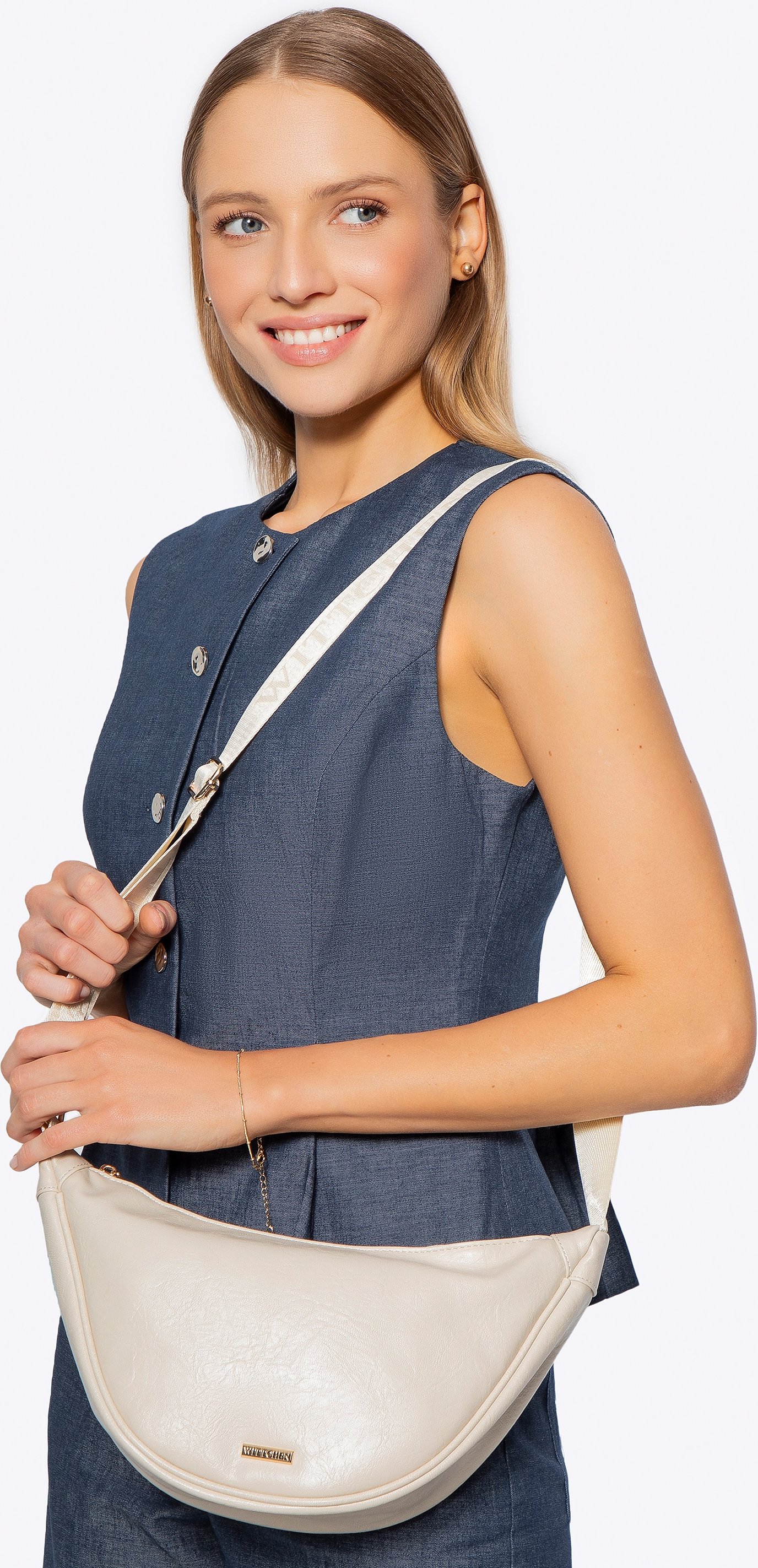 Thumbnail - Wittchen Damen-Umhängetasche mit breitem Riemen, cremefarben, Kunstleder