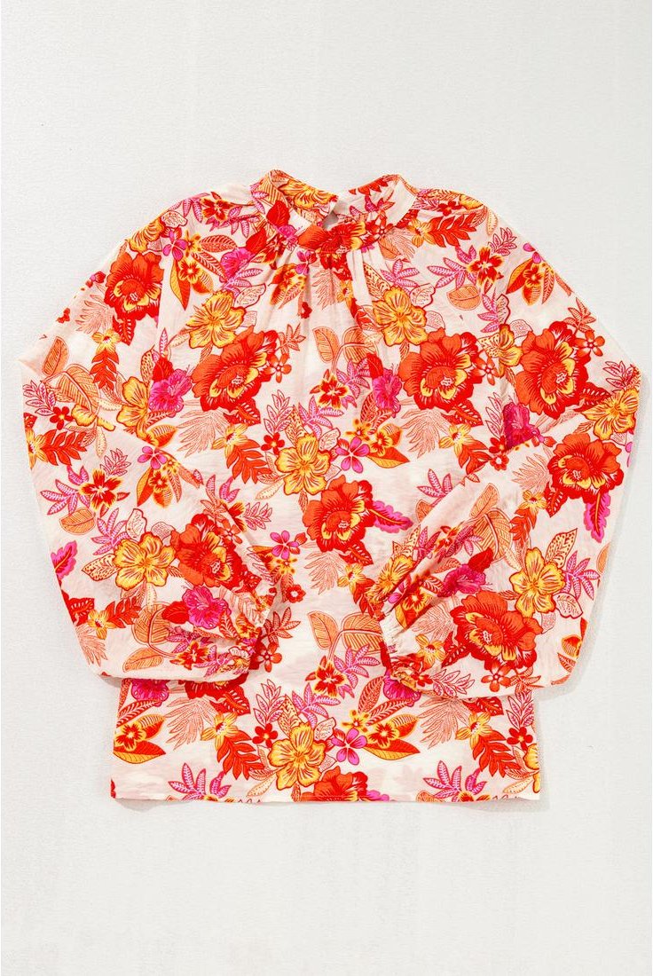 Thumbnail - Azura Exchange Orange Floral Print Perlmuttknopf Keyhole Lange Puffärmel Bluse