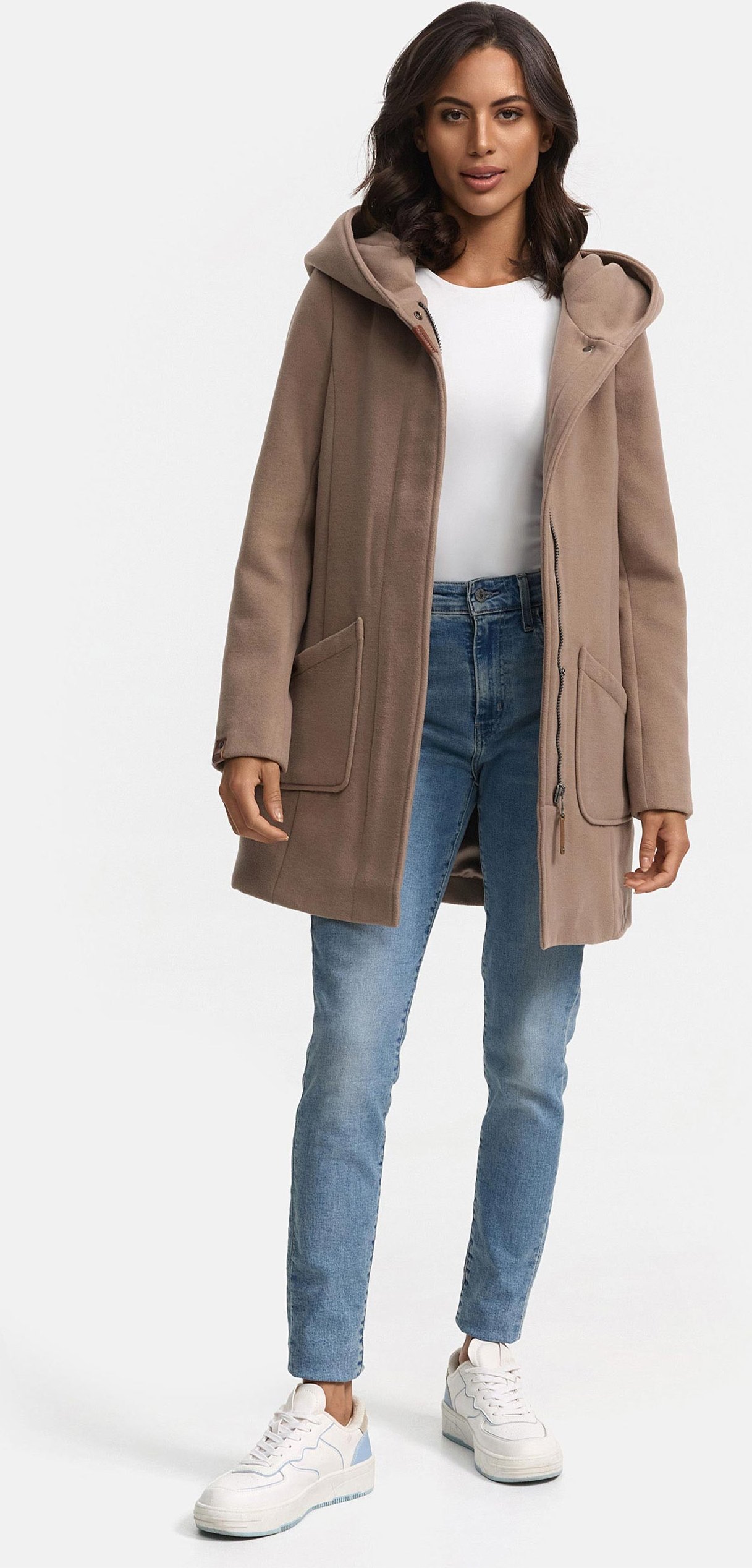 Marikoo Damen Wintermantel mit Kapuze und tailliertem Schnitt