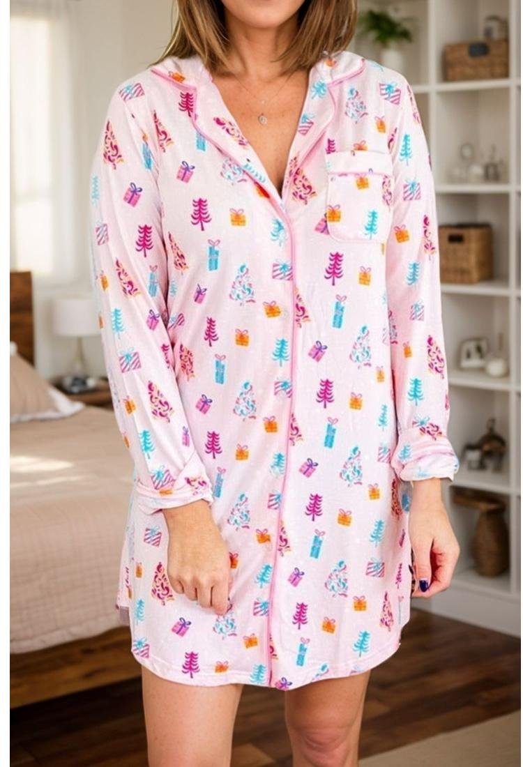 Thumbnail - Damen Bedrucktes Kragenlangarm-Loungew Kleid