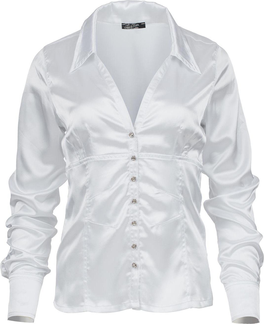 Thumbnail - Weiße Bluse mit Satin-Finish und Strassknöpfen – Figurbetont und elegant