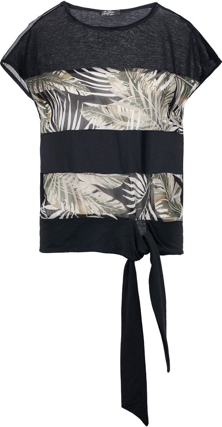 Schwarzes Top mit Blattdruck und Krawatten