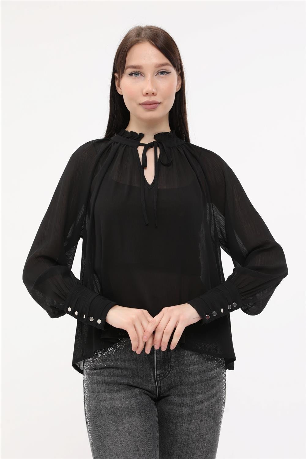 Schnür-Rüschen-Hochkragen-Bluse