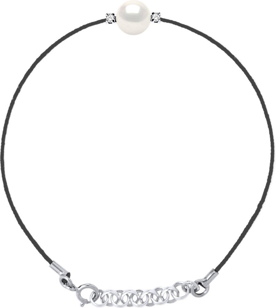 DIADEMA - Armband - Schwarzes Nylon - Weiße Süßwasserperle - Diamanten