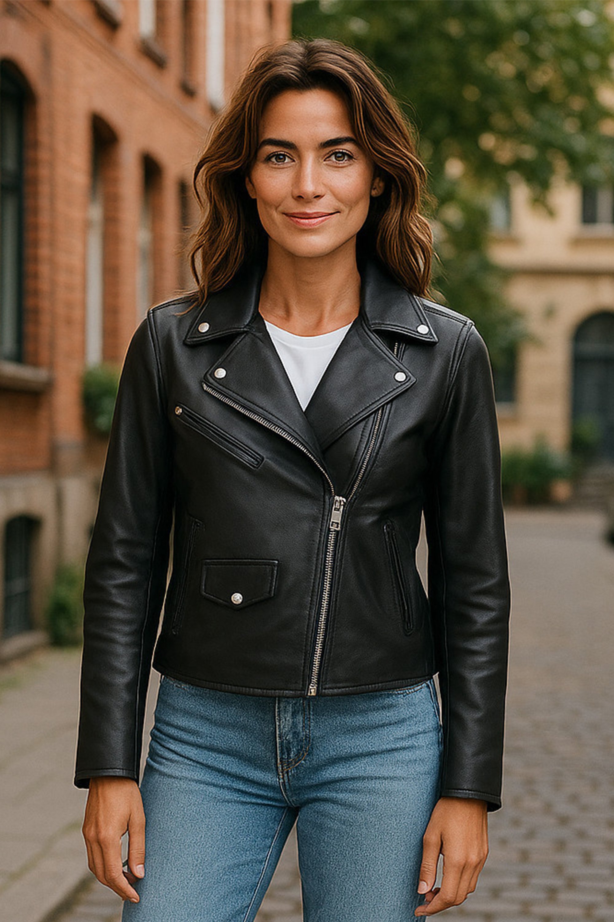 Schwarze klassische Brando-Biker-Lederjacke für Damen – Secunda