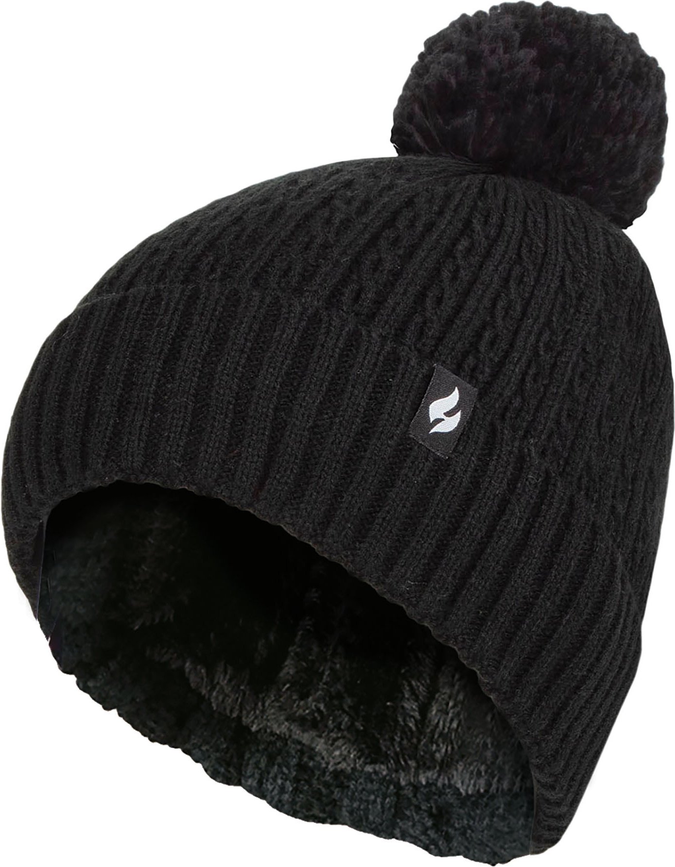 Thumbnail - Damen-Thermokabel-Beanie-Mütze | Wärmehalter | Gestrickte Wintermütze mit Bommel | Weiche gerippte Bommelmütze in Schwar...