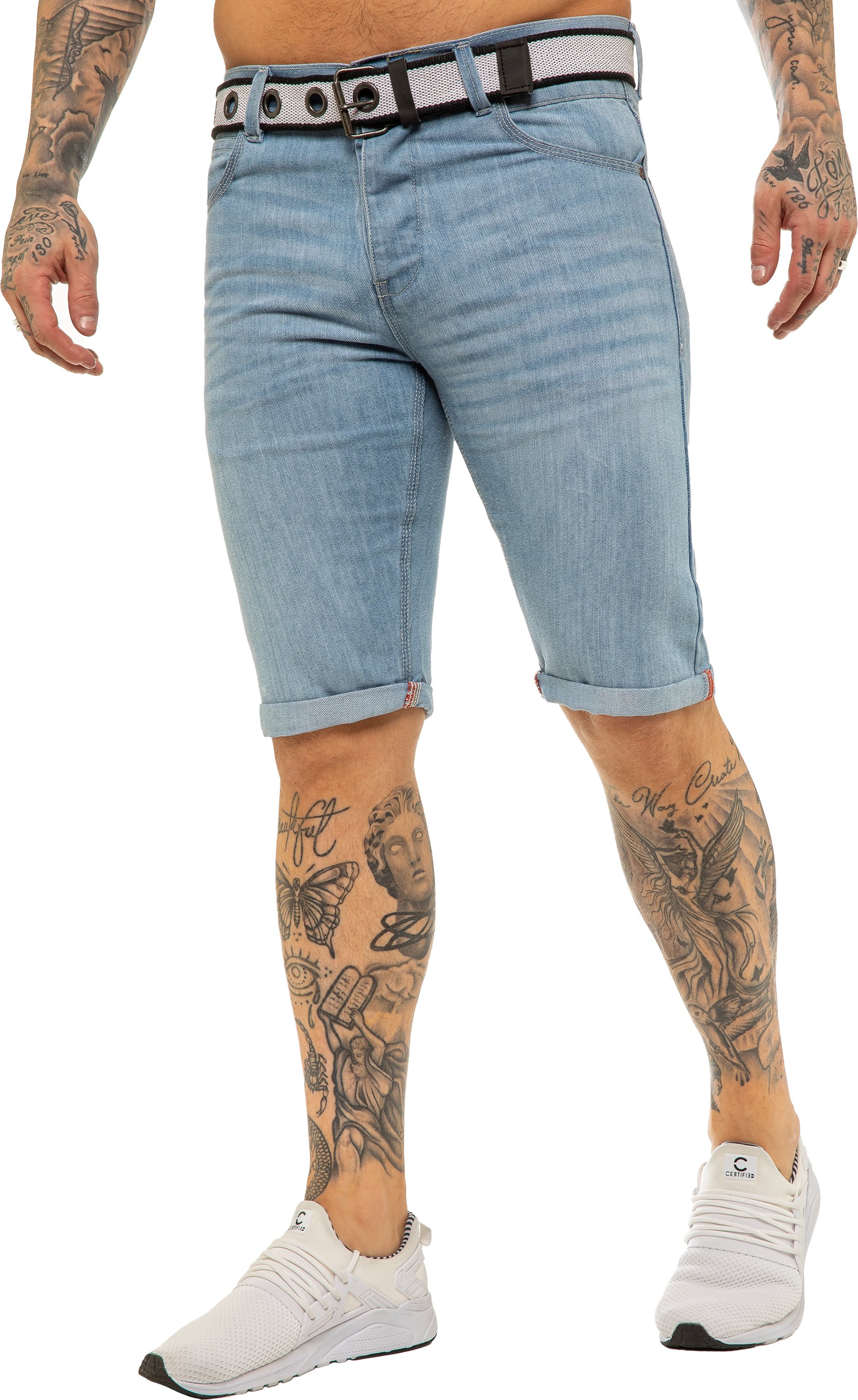 Kruze By Enzo | Mens Belted Denim Shorts - Light Stonewash