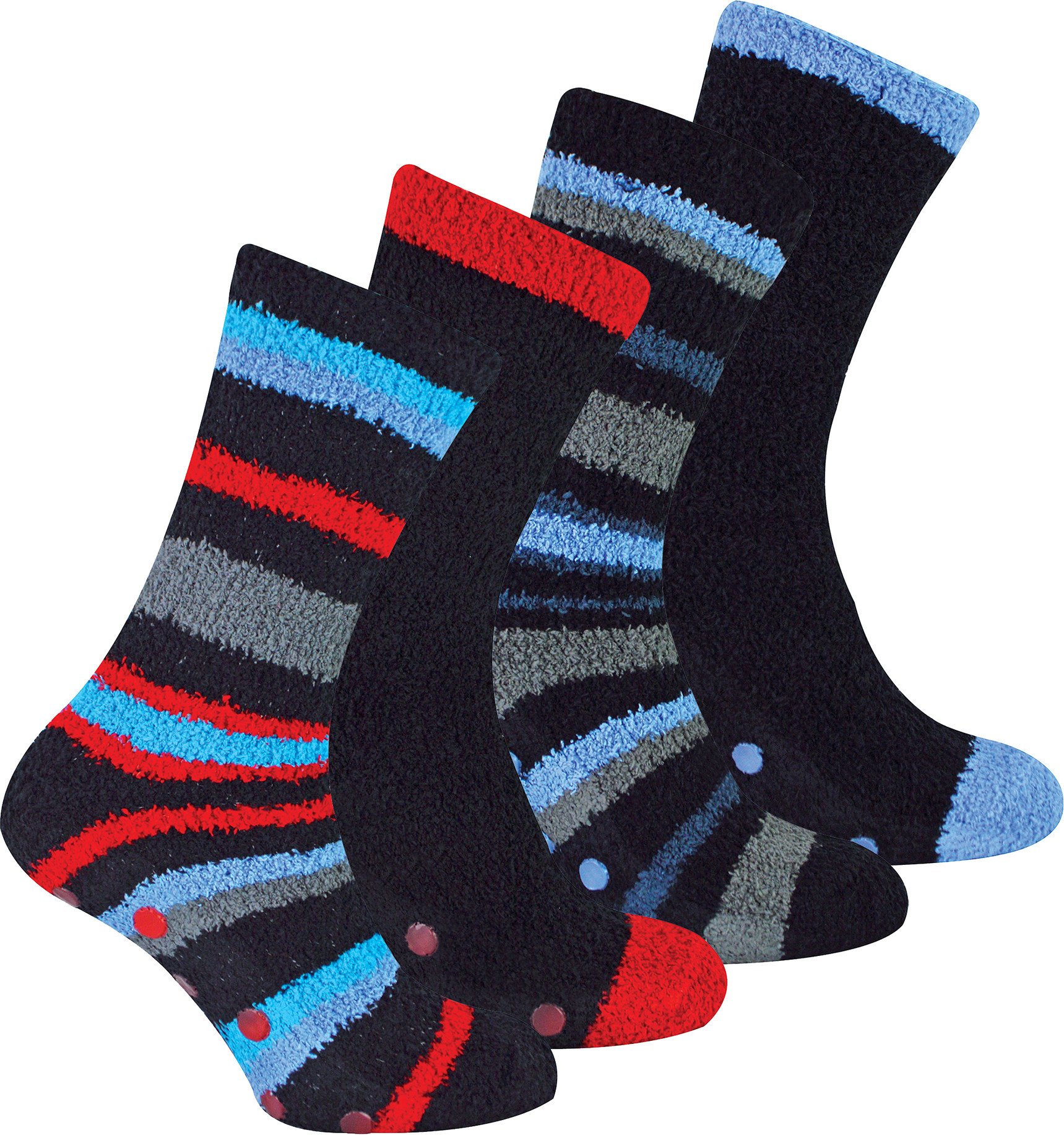 4 Paar Herren Bettsocken |Thermal Anti-Rutsch Fuzzy Slipper Socken - Blau / Rot gestreift
