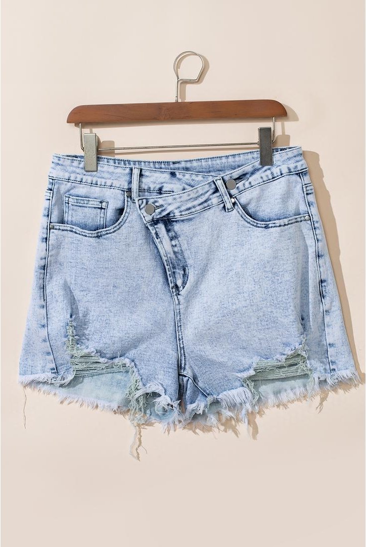 Thumbnail - Helle Blaue Acid-Wash Gekreuzte Rohrand Jeansshorts