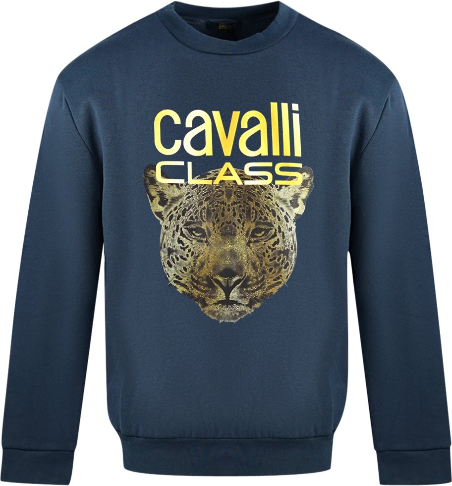 Cavalli Class Leopardenmuster Logo Marineblauer Pullover