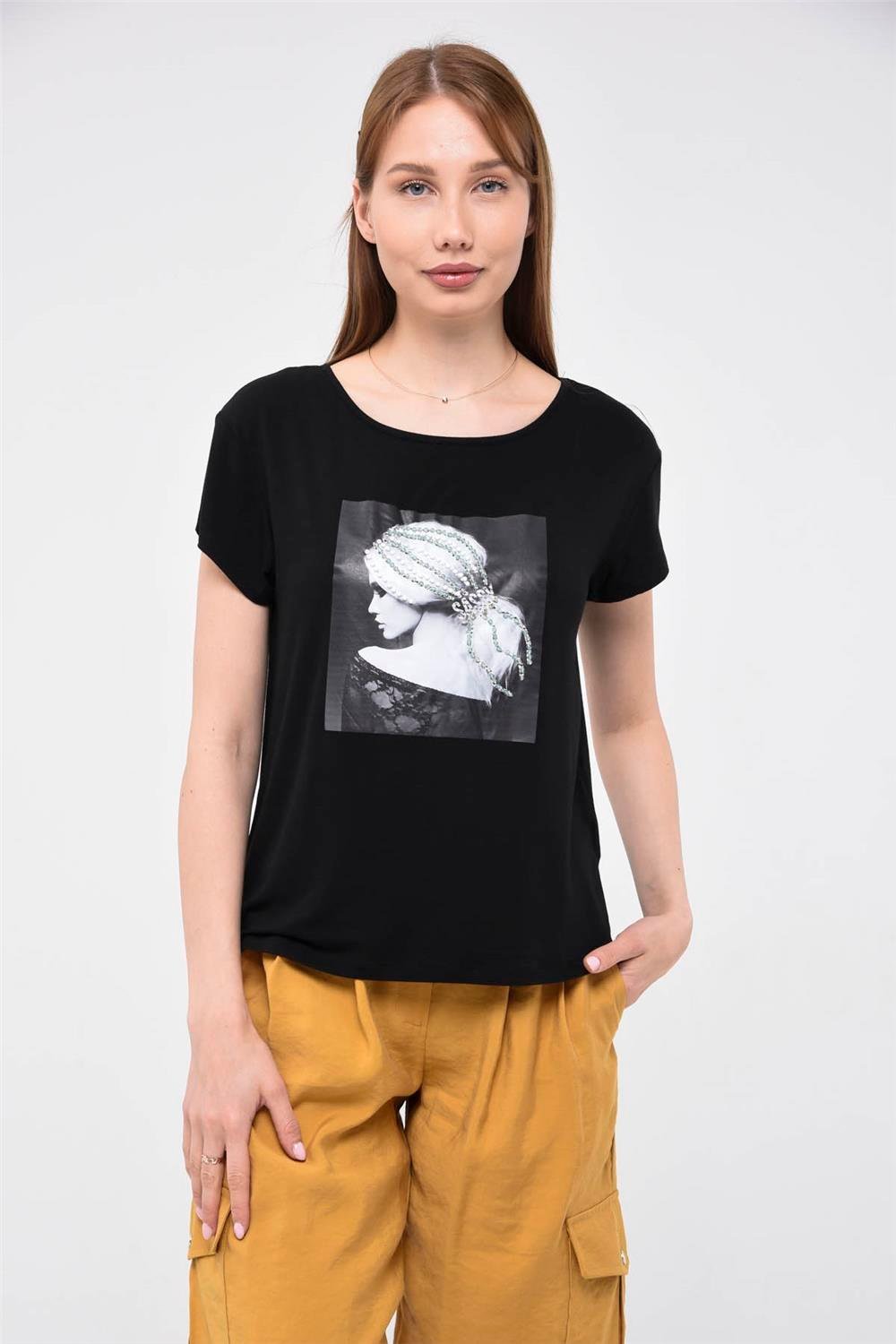 Steinverziertes Mädchen-Print T-Shirt mit Haardesign