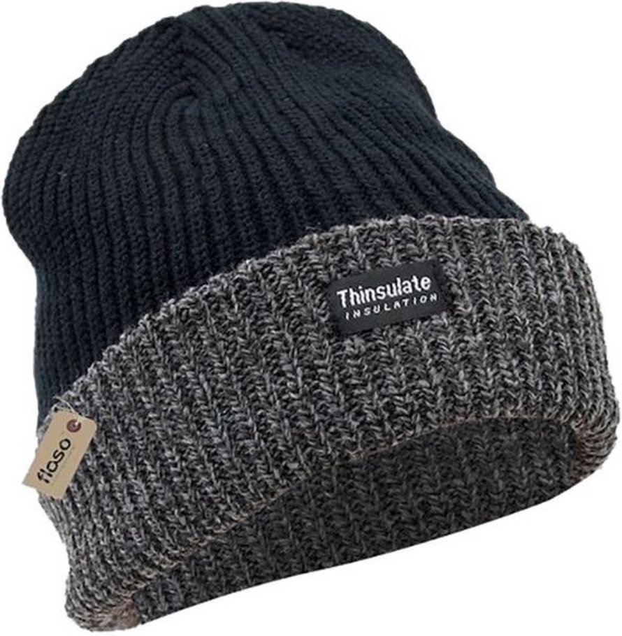 FLOSO Unisex Herren/Damen Thinsulate Heavy Knit Winter/Ski Thermomütze (3M 40g) (Schwarz/Grau)