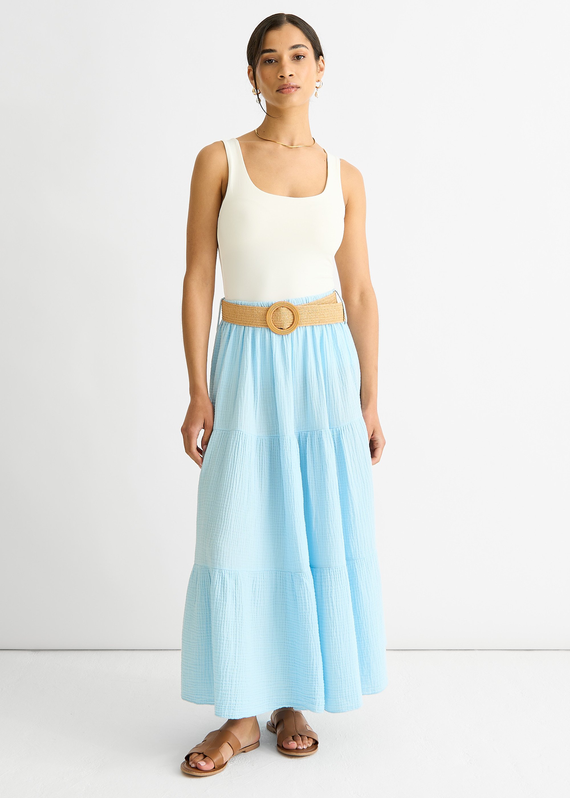 Blauer Baumwoll-Seersucker-Maxirock mit Gürtel