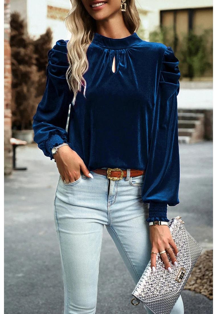 Thumbnail - Damen Bluse mit Bindeband und Stehkragen aus Samt, lange Ärmel
