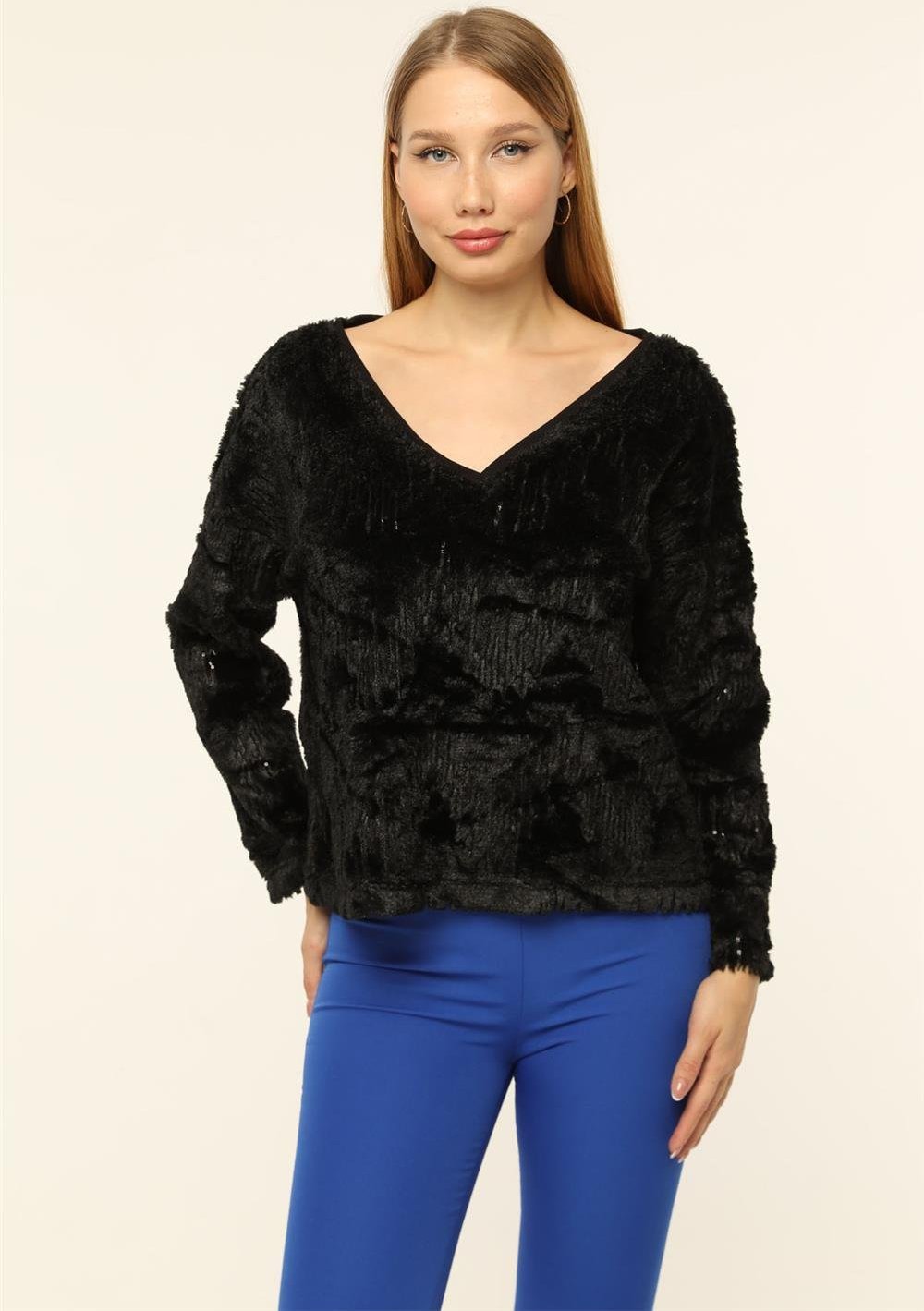 Thumbnail - Plüsch Pailletten V-Ausschnitt Bluse