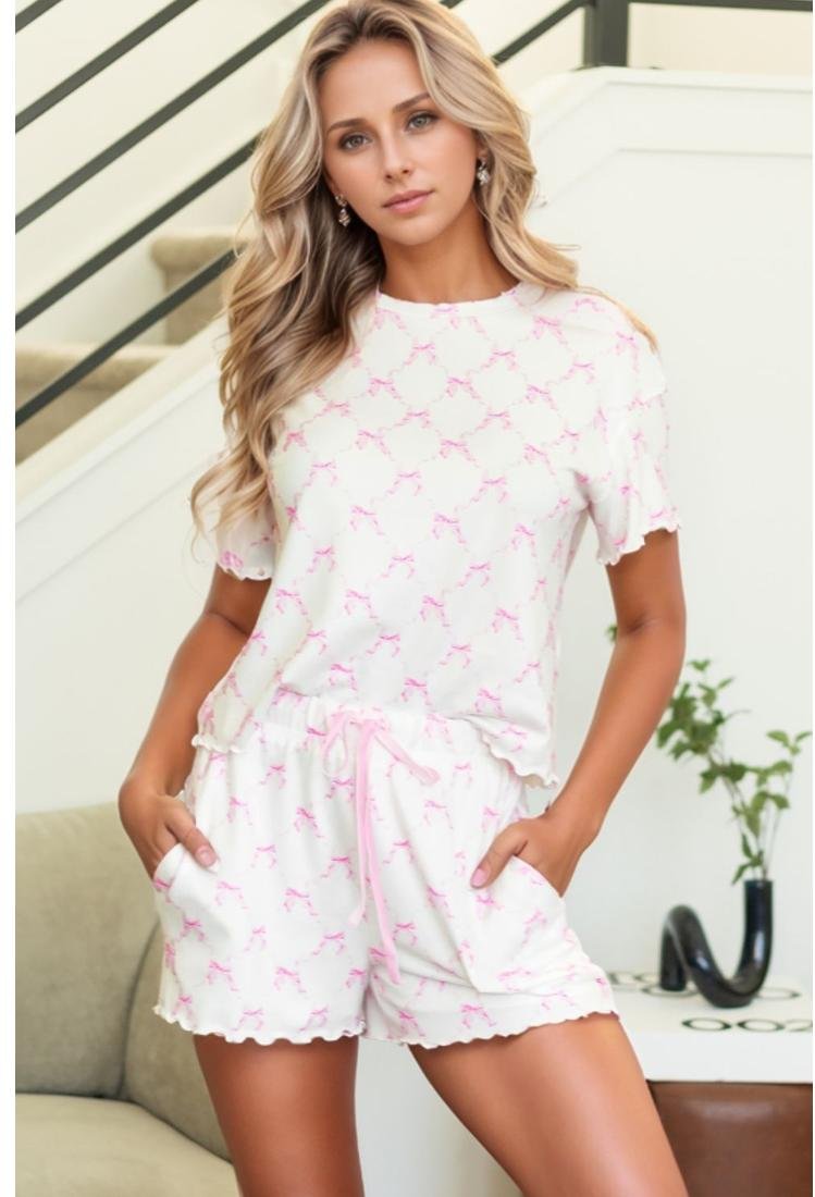 Thumbnail - Damen Lounge-Set mit Bogenmuster, Rüschenrand, Rundhalsausschnitt und Shorts