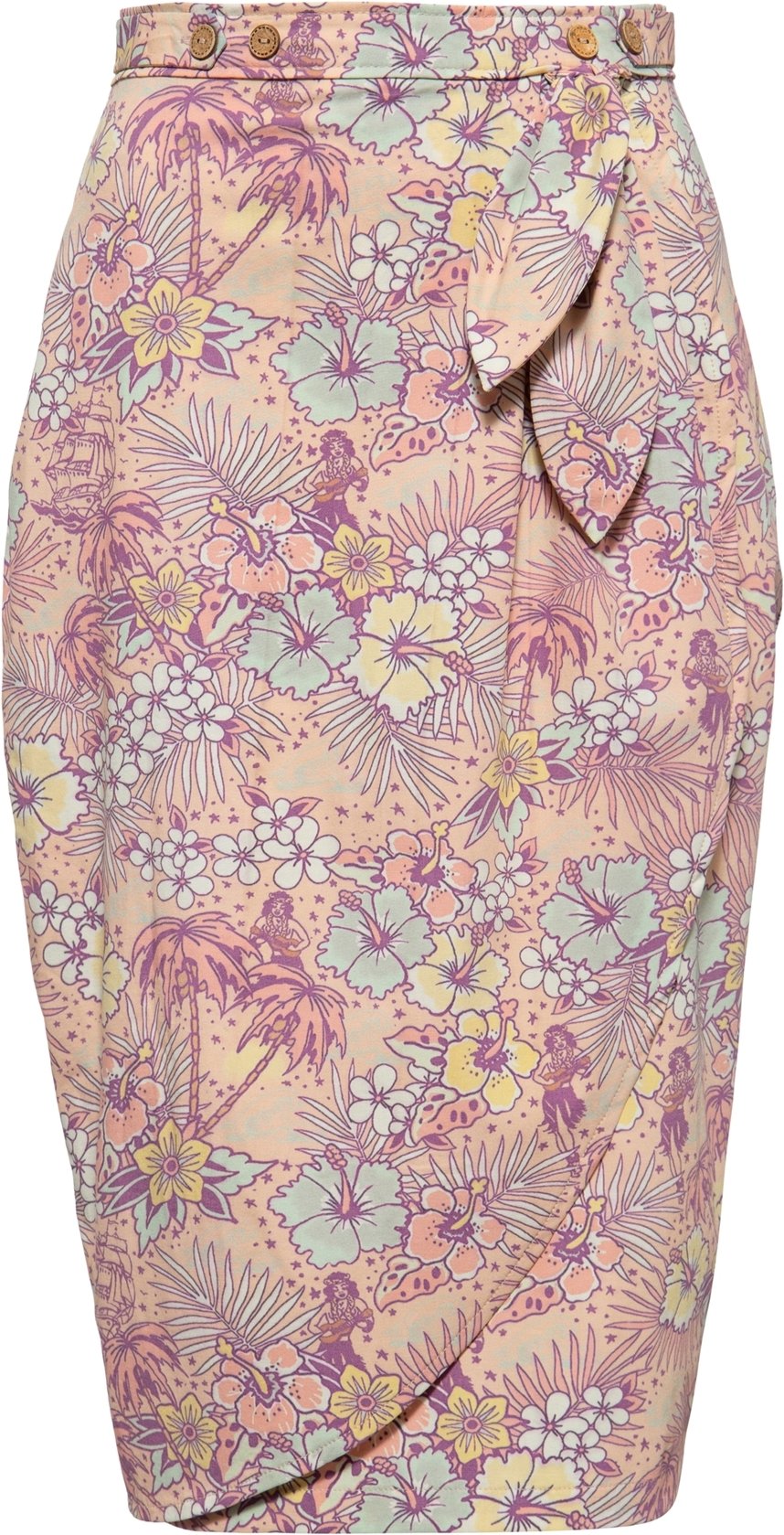 Queen Kerosin Damen QUEEN KEROSIN Bleistiftrock mit hawaiianischem All-Over-Muster und Wickeloptik coral