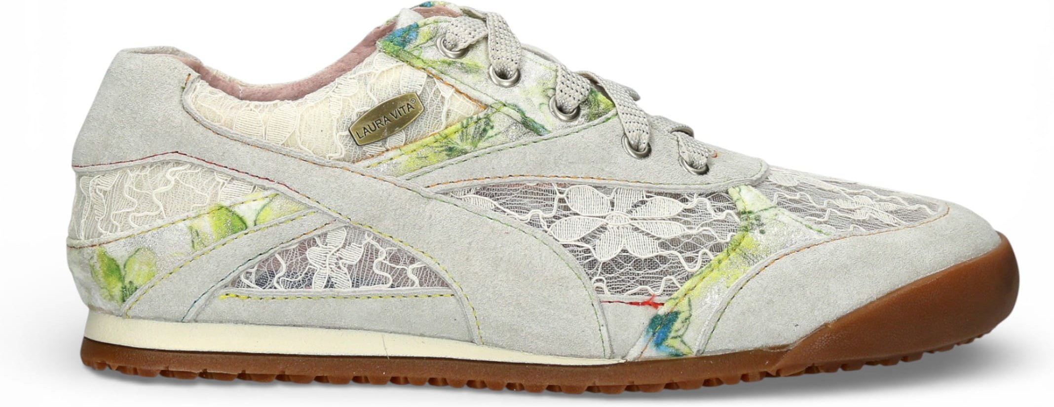 Laura Vita Damen-Sneaker Tivanao-05 aus beigefarbenem Leder mit Blumenmuster