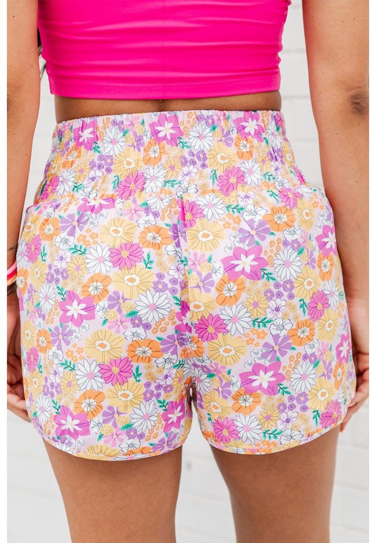 Thumbnail - Rosa Boho Blumengemusterte Raffung Hohe Taillen Freizeitshorts