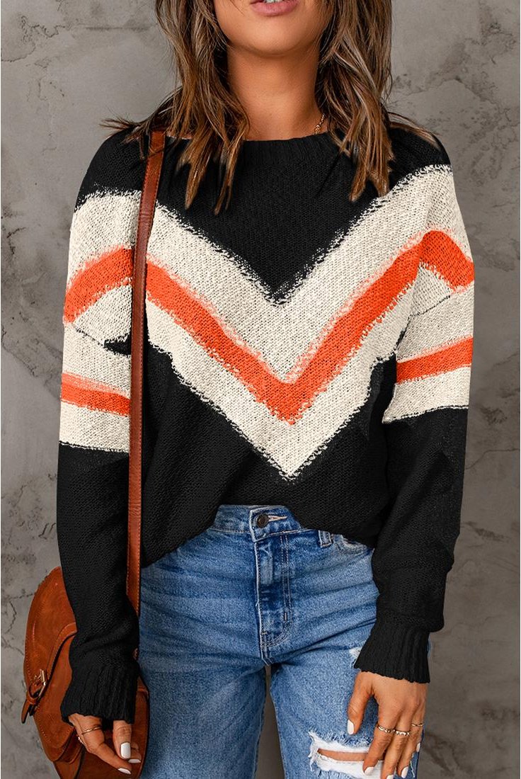 Thumbnail - Azura Exchange Schwarzer Chevron Gestreifter Drop Shoulder Pullover