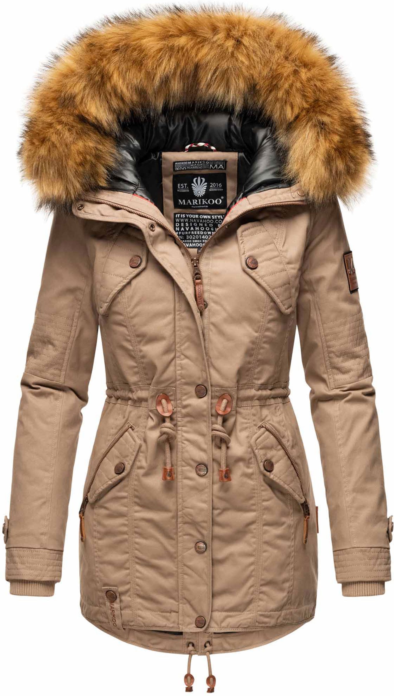 Marikoo Damen Winterjacke mit abnehmbarem Kunstfellkragen & Taillenzug