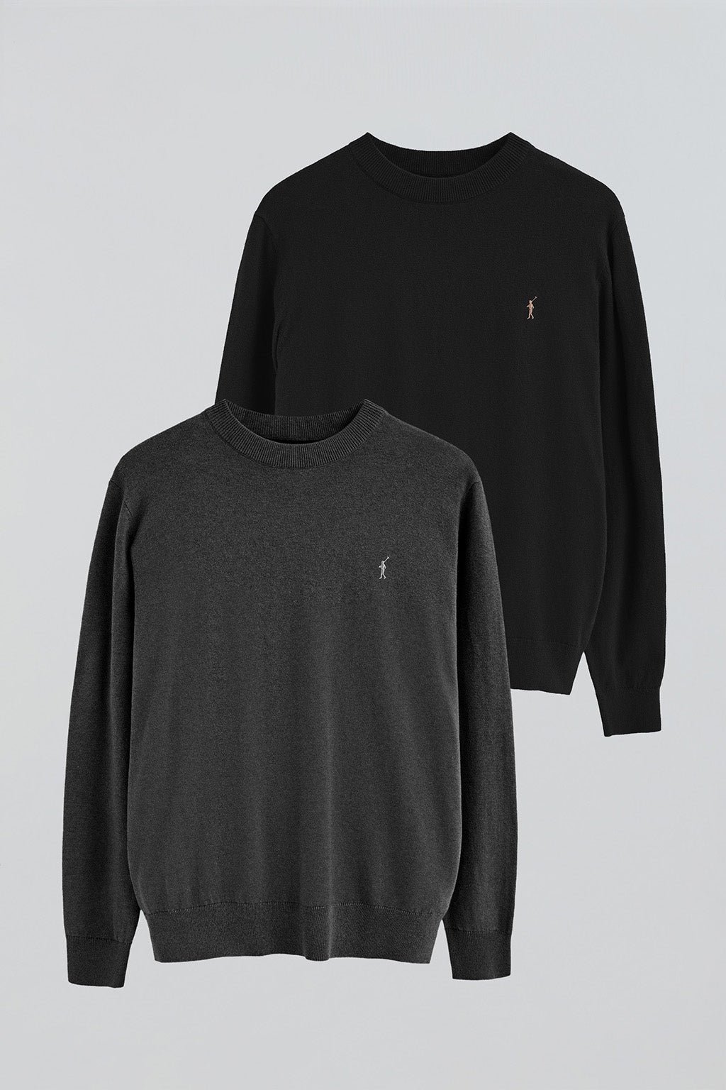 Zweierpack Herrenpullover schwarz und dunkelgrau meliert aus Wollgemisch mit gesticktem Rigby Go-Logo