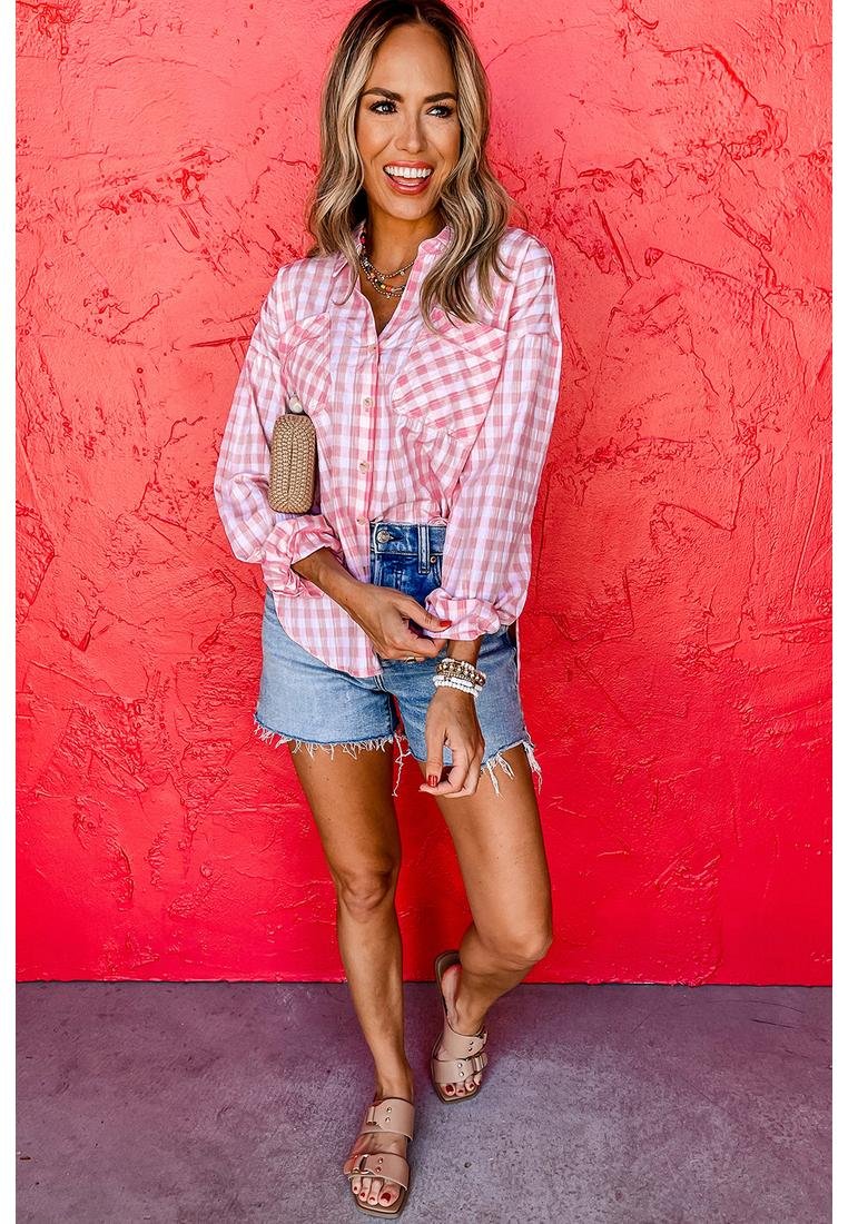 Thumbnail - Azura Exchange Pinkes Karodruck Hemd mit Taschen und Knopfleiste