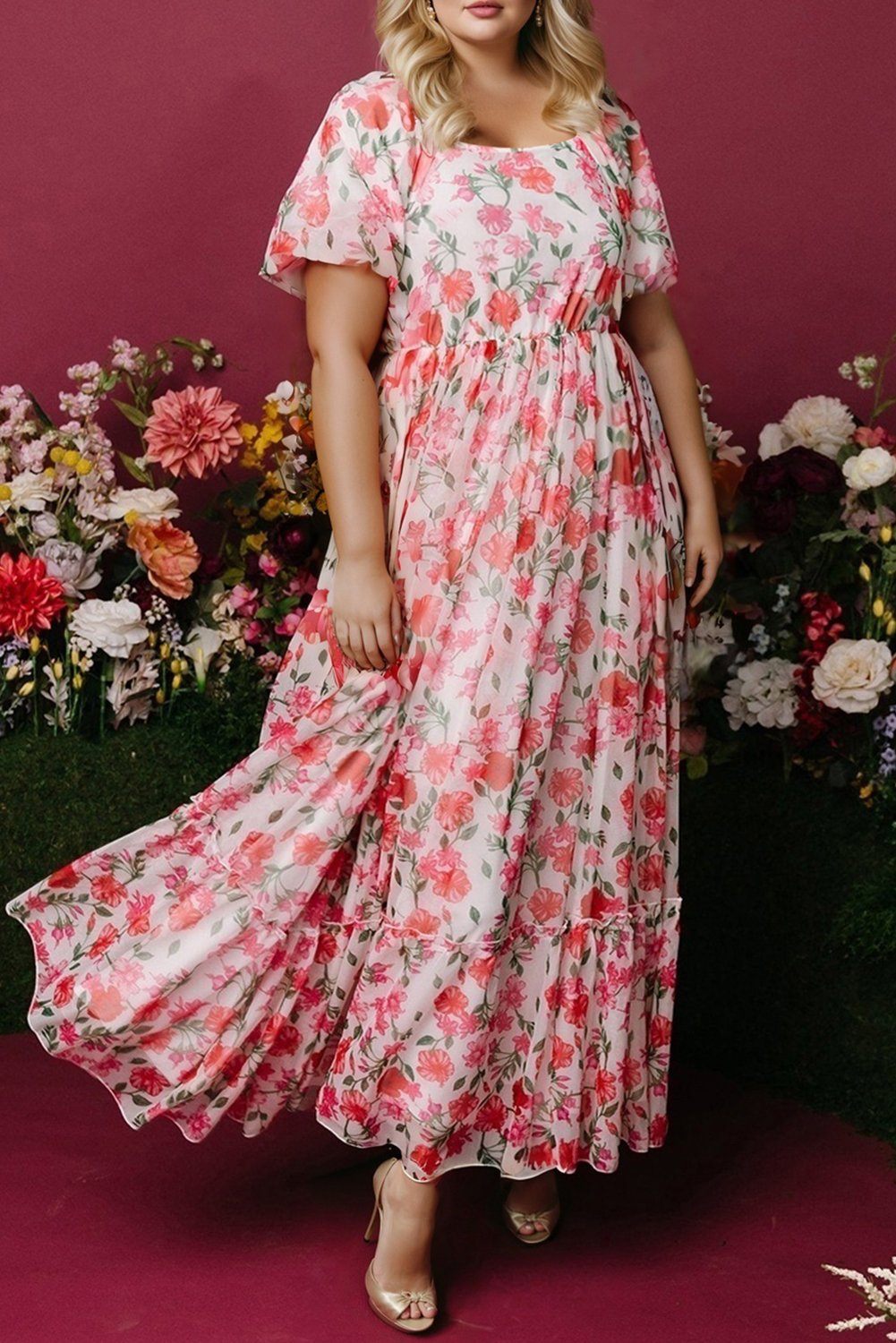 Thumbnail - Rosa Plus-Size Blumen Quadrat-Ausschnitt Puffärmel Rüsche Maxikleid
