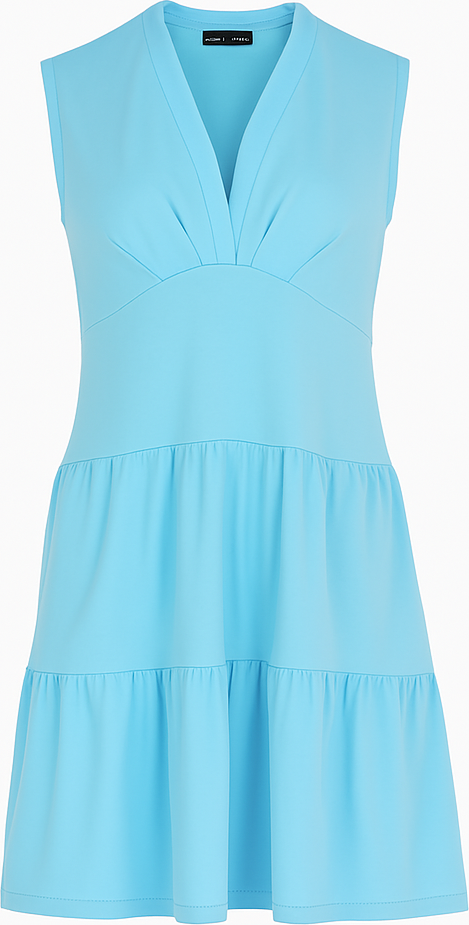 Aquafarbenes, ärmelloses Jerseykleid mit V-Ausschnitt – Lockere Passform, knielang
