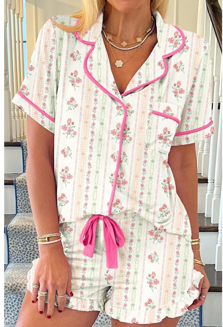 Thumbnail - Damen Bedrucktes Kurzarm-Button-Up-Oberteil und Shorts Loungewear-Set