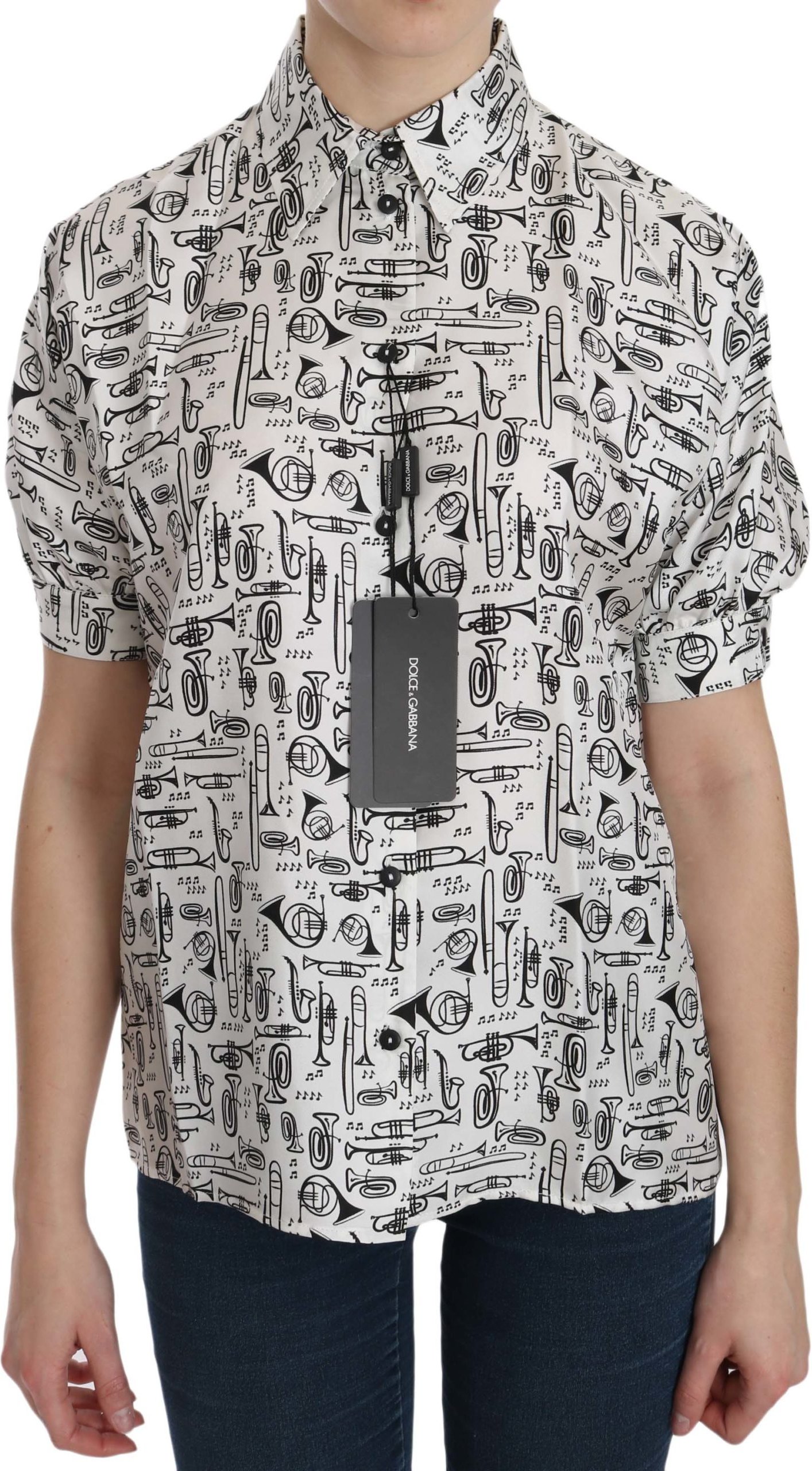 Dolce & Gabbana Damen Bluse mit Musikinstrumenten-Motiv und Kragen in Weiß