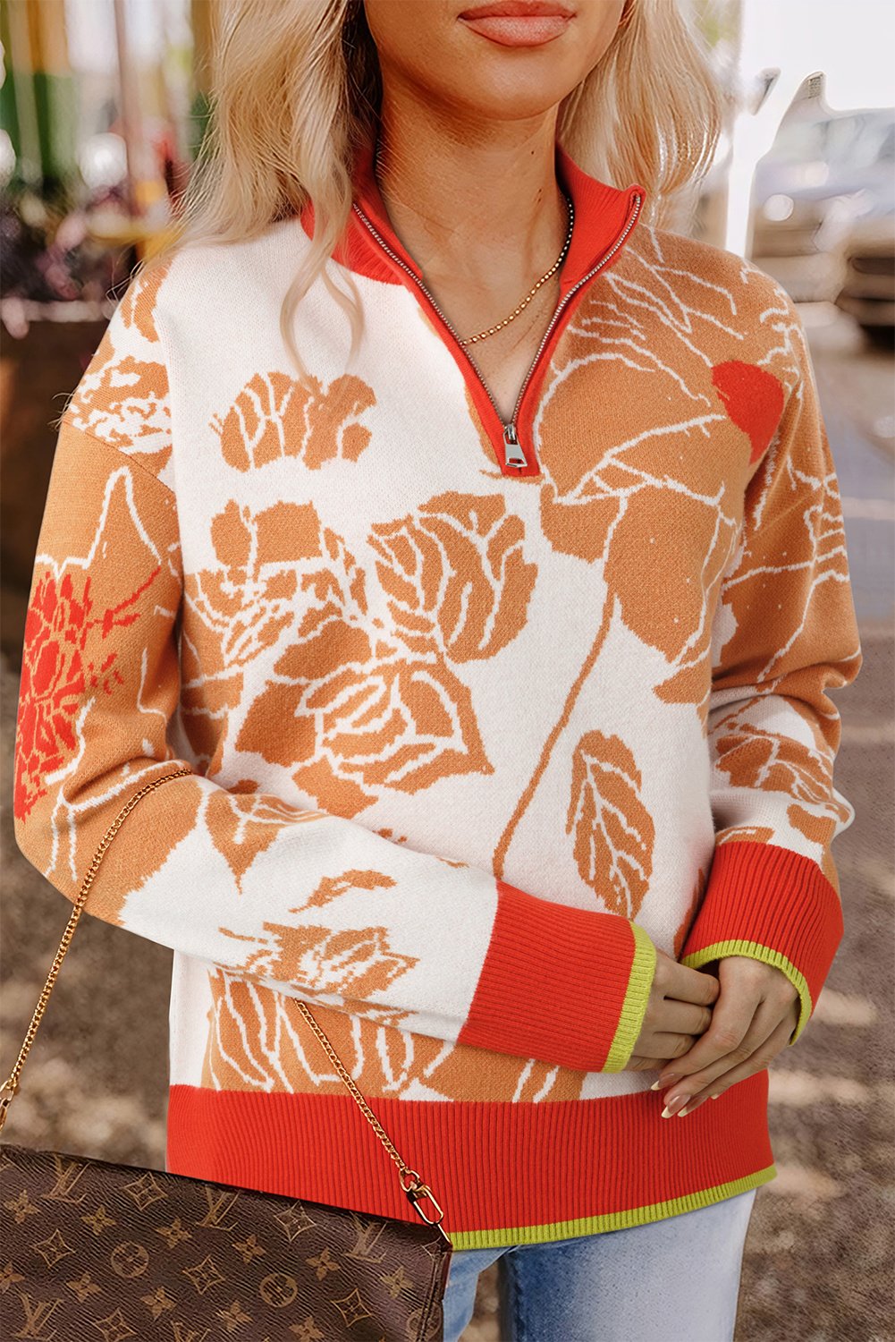 Blumenmuster Zip-Pullover