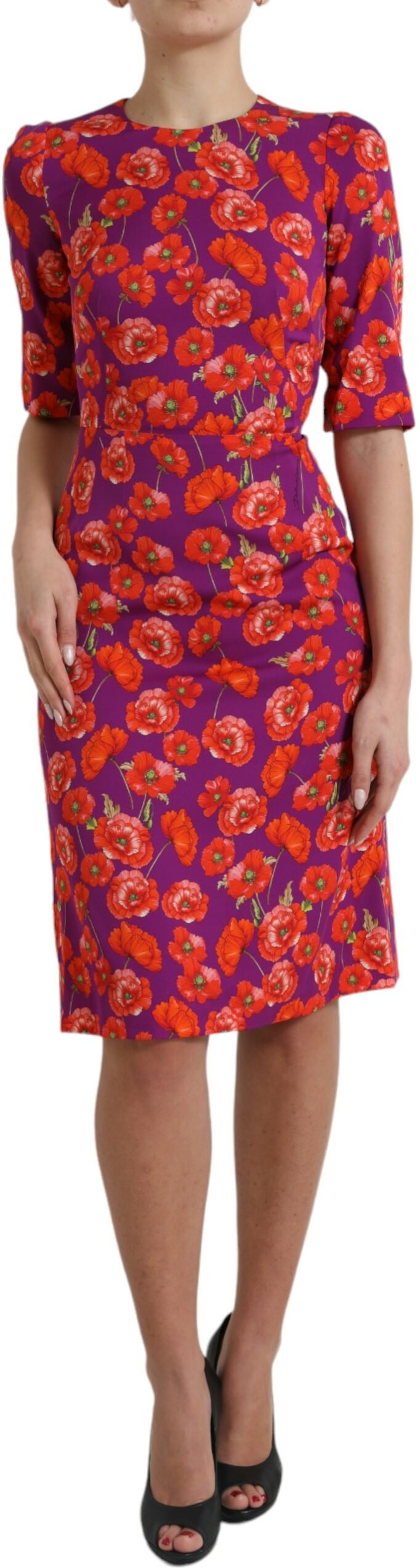 Mohnblumen-Musterkleid mit Halblangen Ärmeln