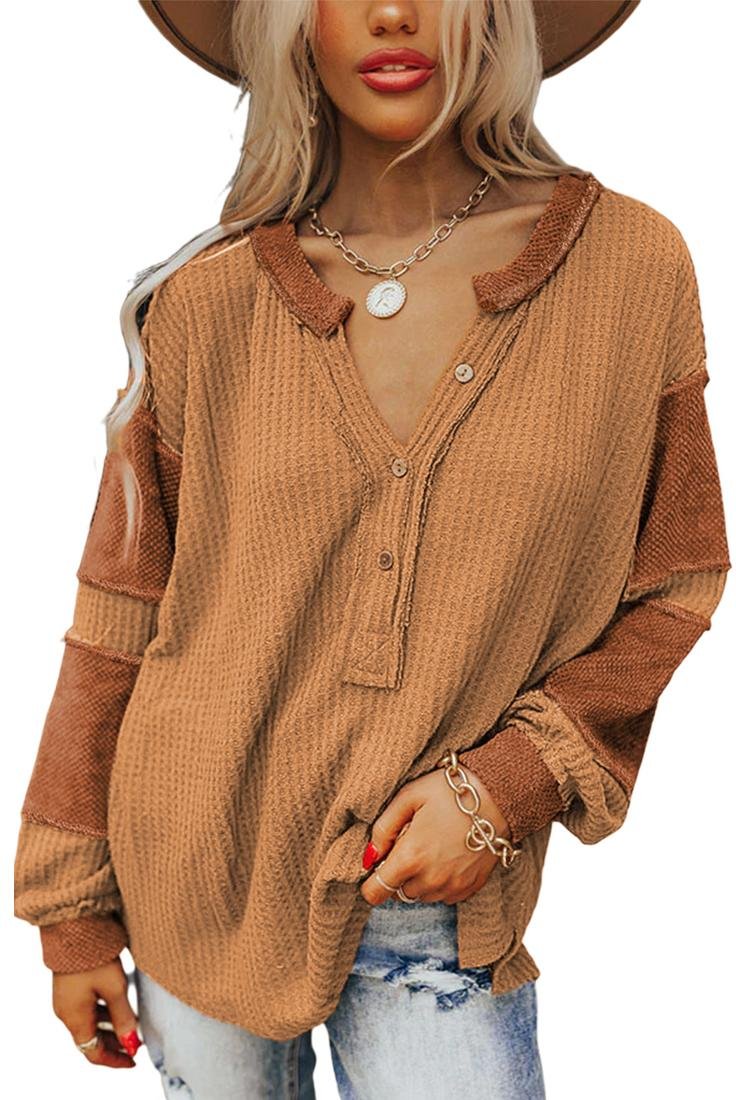 Thumbnail - Azura Exchange Orange Kontrast Patchwork Mit Offenen Nähten Waffelstrick Henley-Oberteil