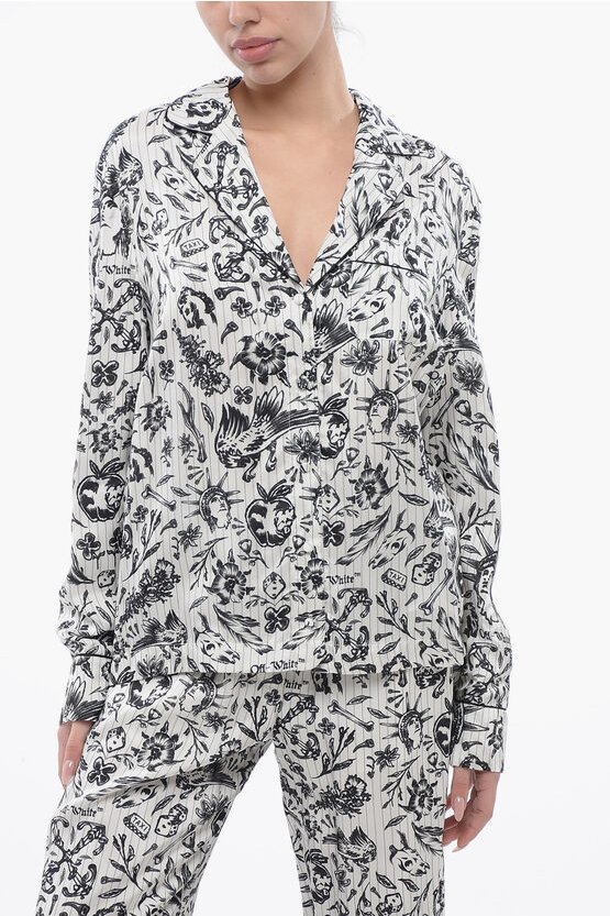 Bedrucktes Satin TATTOO PAJAMA Shirt in Weiß