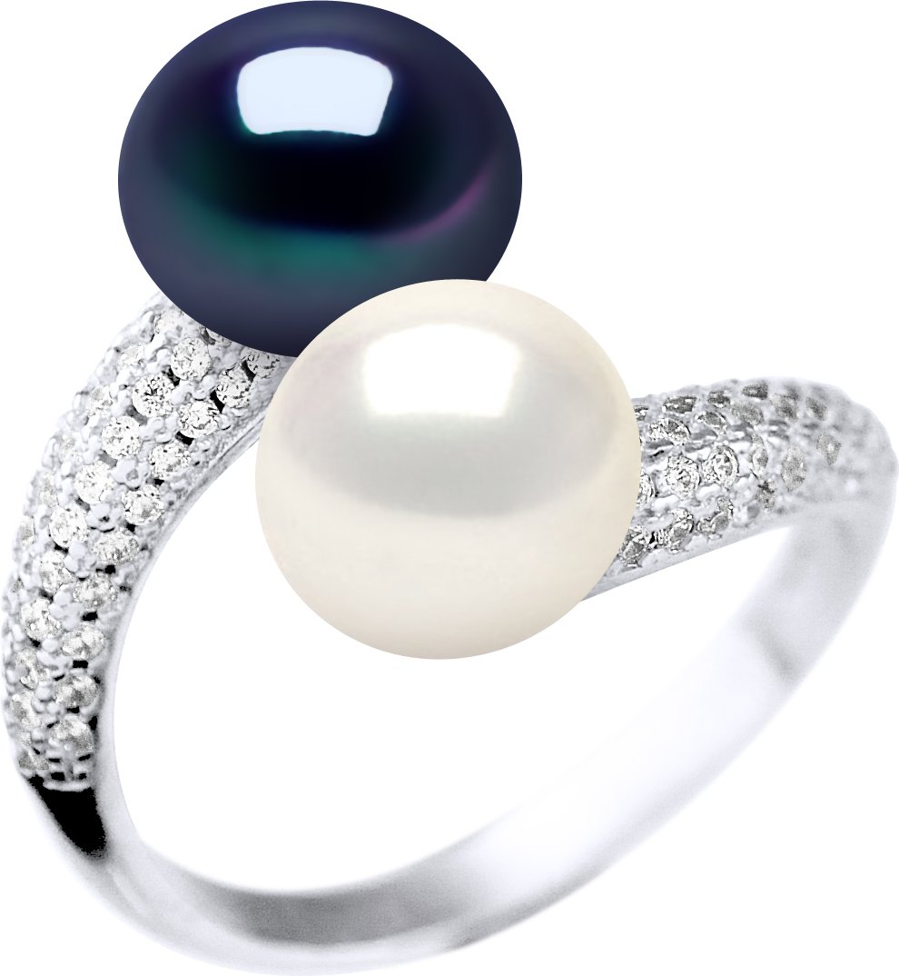 Ring YOU AND ME 2 Süßwasserperlen 9-10 mm Weiß und Schwarz Schmuck 925