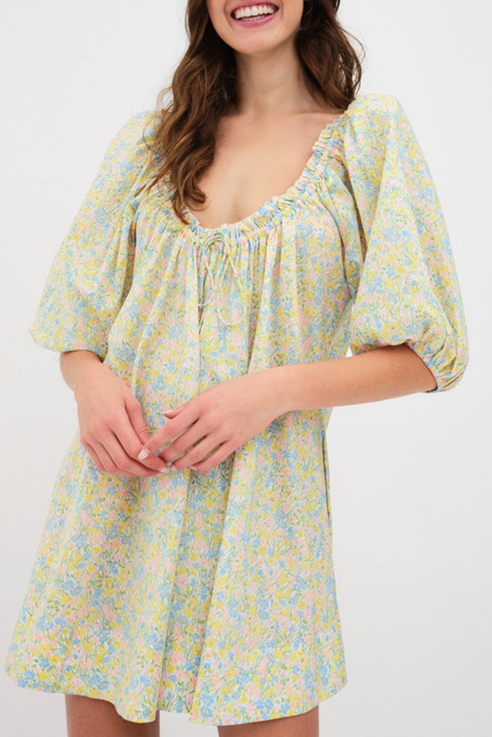 Grünes florales Kurzarm-Rüschenshirt mit U-Ausschnitt A-Linie Kleid