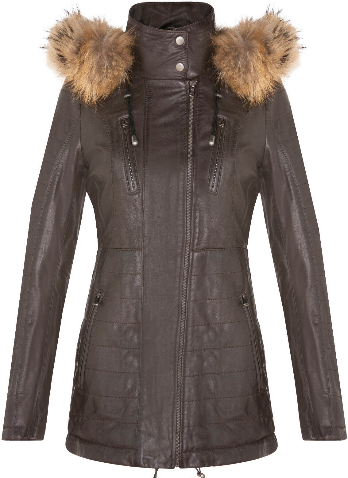 Damen-Parkajacke aus Leder in schmaler Passform mit Kapuze – Northam