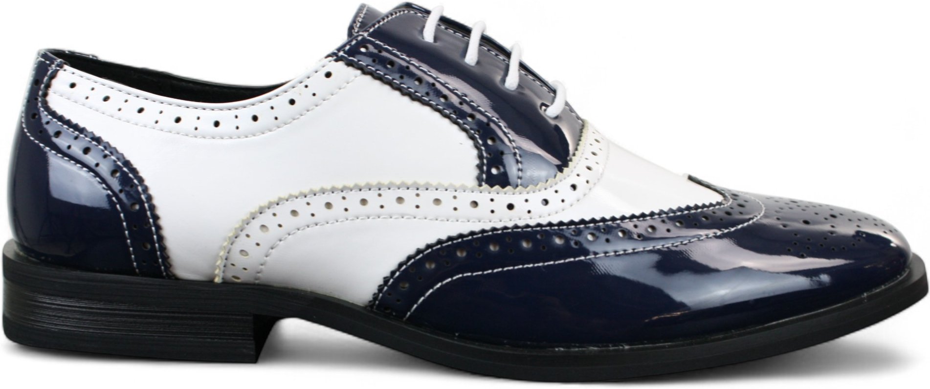 Herren Lack Schnürschuhe Marineblau Weiß Brogues Elegante Abendschuhe