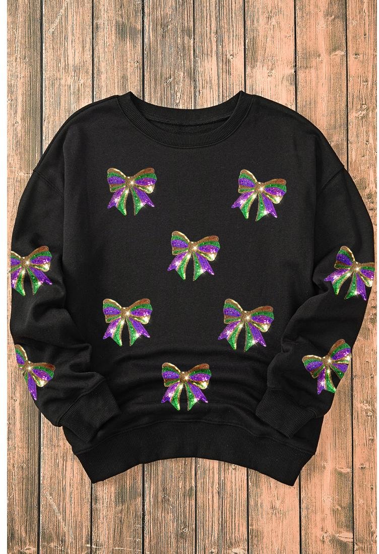 Thumbnail - Schwarzes Pailletten-Mardi Gras-Bogen-Graphic-Drop-Shoulder-Pullover-Sweatshirt