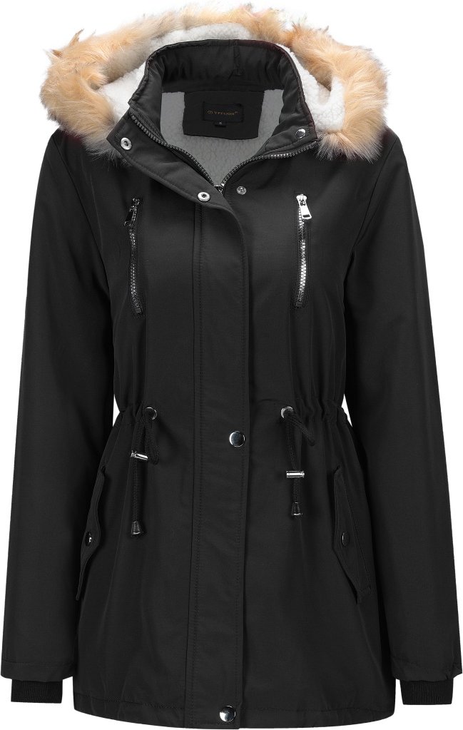 Damen Winterjacke mit Kunstpelz, lange Ärmel, mit Fleece-Innenfutter, Schwarz