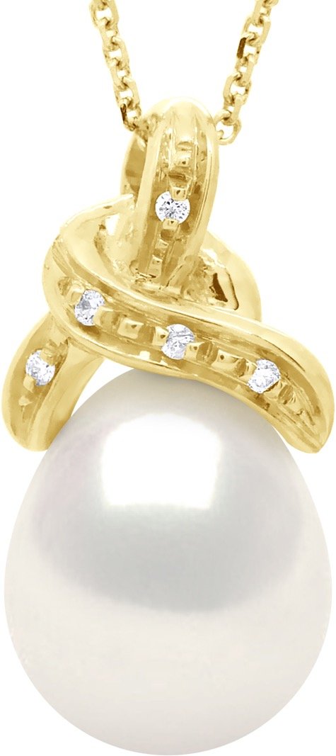 Halskette Perlenanhänger KNOT Gelbgold und Diamanten 0,04 ct echte Süßwasserperle Birne 9-10 mm
