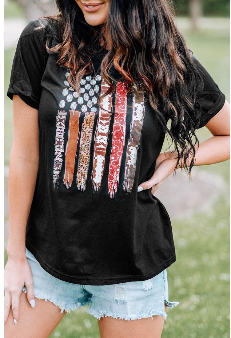 Thumbnail - Azura Exchange Damen-T-Shirt mit amerikanischem Flaggen-Print, kurzärmlig, Grafik, in Schwarz