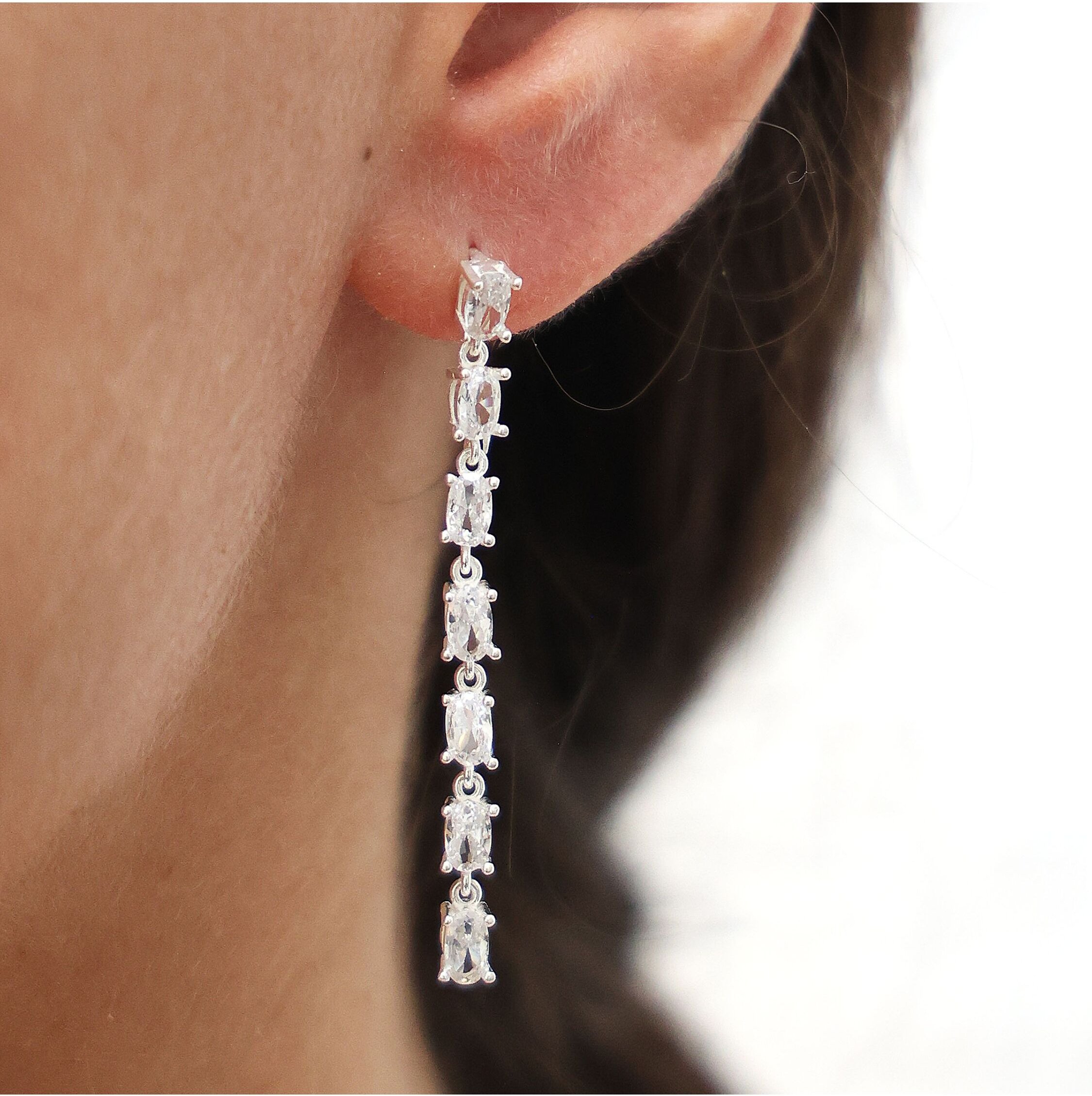 Dkeniz Ohrhänger 925/- Sterling Silber rhodiniert Glänzend 5cm Zirkonia Weiß