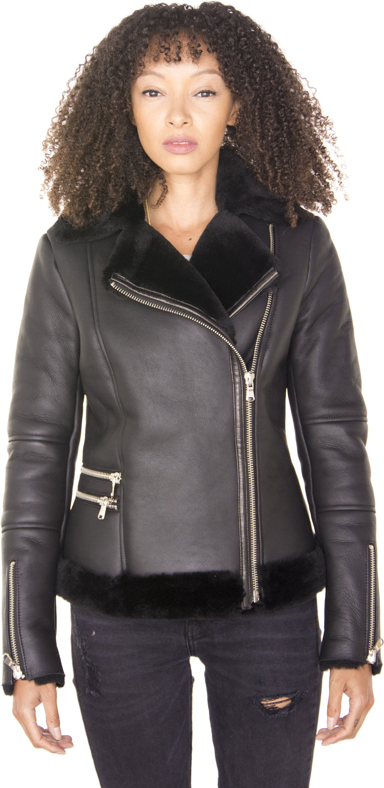 Schwarze Damen-Fliegerjacke aus Shearling-Schaffell-Kiew