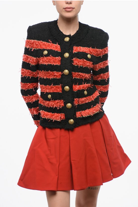 Zweifarbig gestreifter Cardigan mit Logoknöpfen in Nero, Rosso