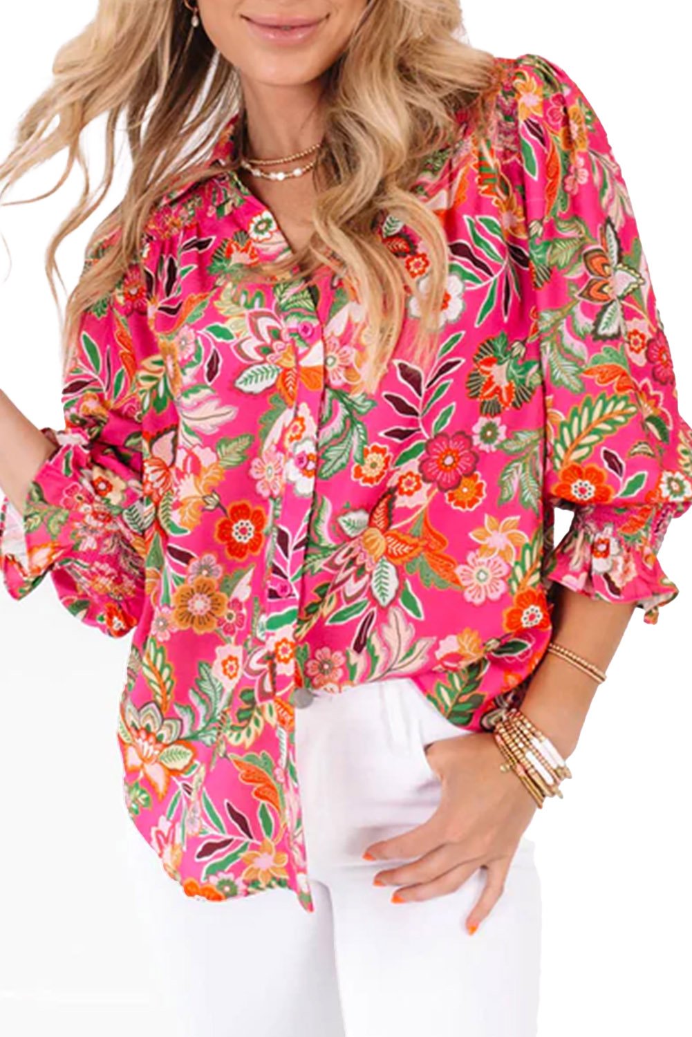 Erdbeer-Pink Floral Print Smocked Cuff Puff Sleeve Shirt
